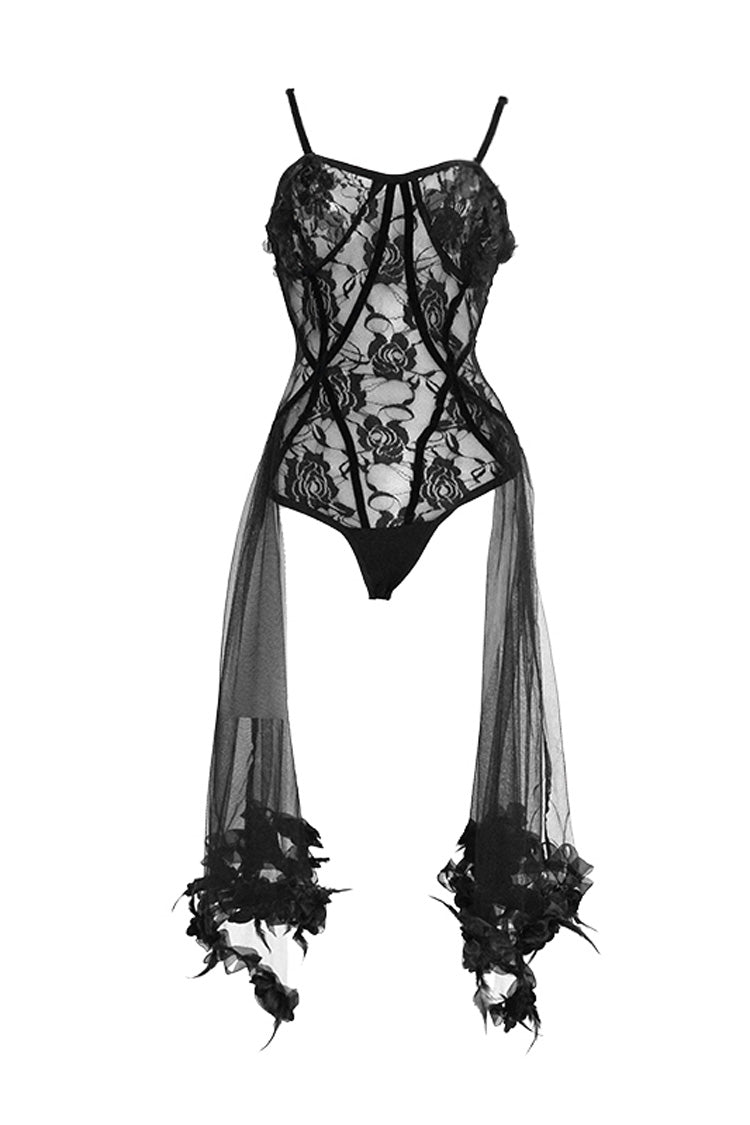 Black Translucent Rose Lace Mesh Hem Sling Women's Gothic Jumpsuit