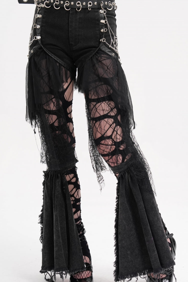 Black Chain Irregular Mesh Ripped Hem Women's Gothic Shorts