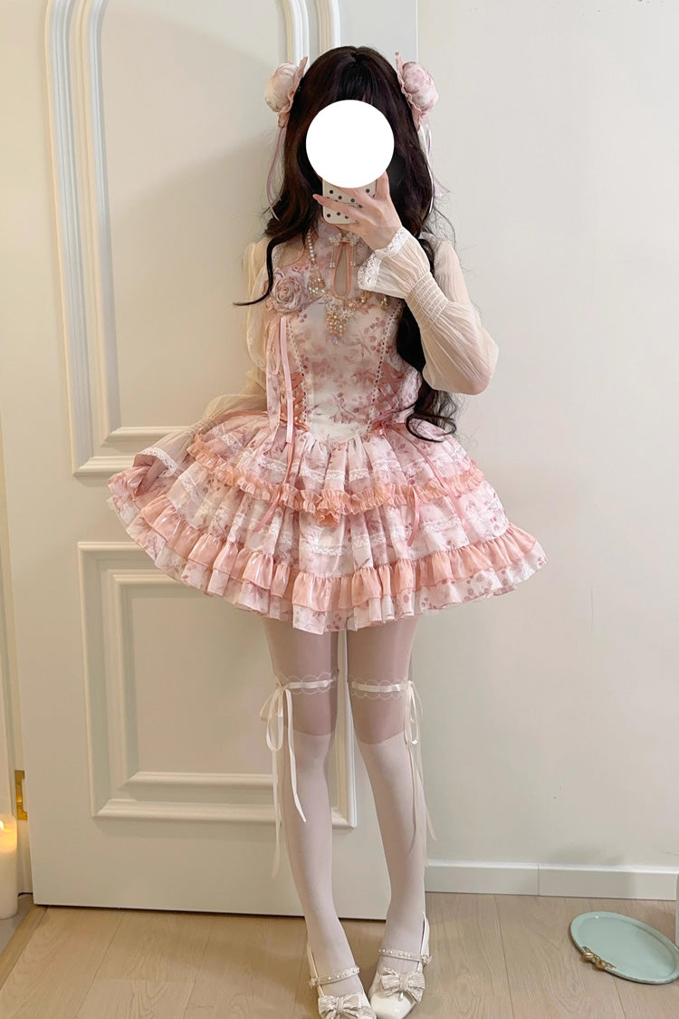 Peach Moon Bamboo Halterneck Multi-layer Print Ruffle Sweet Chinese Style Lolita Dress 2 Colors