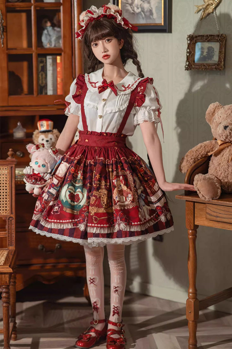 Red [Rabbit and Bear Feast] Print Ruffle Bowknot Sweet Lolita Skirt