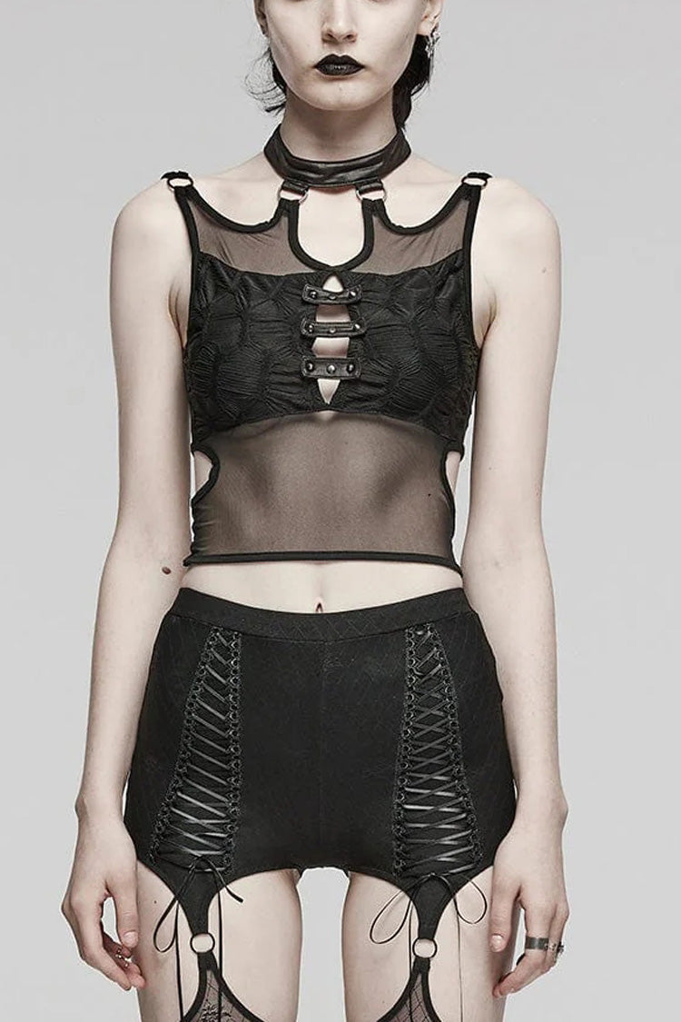 Black Sleeveless Hollow Stitching Mesh Cutout Ring Womens Steampunk Vest