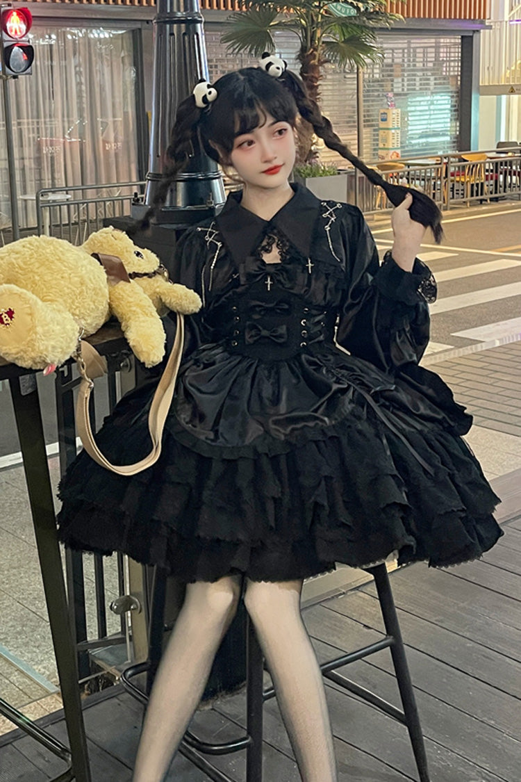 Black [Cross of Merit] Multi-Layered Bowknot Lace Gothic Lolita Jsk Dress