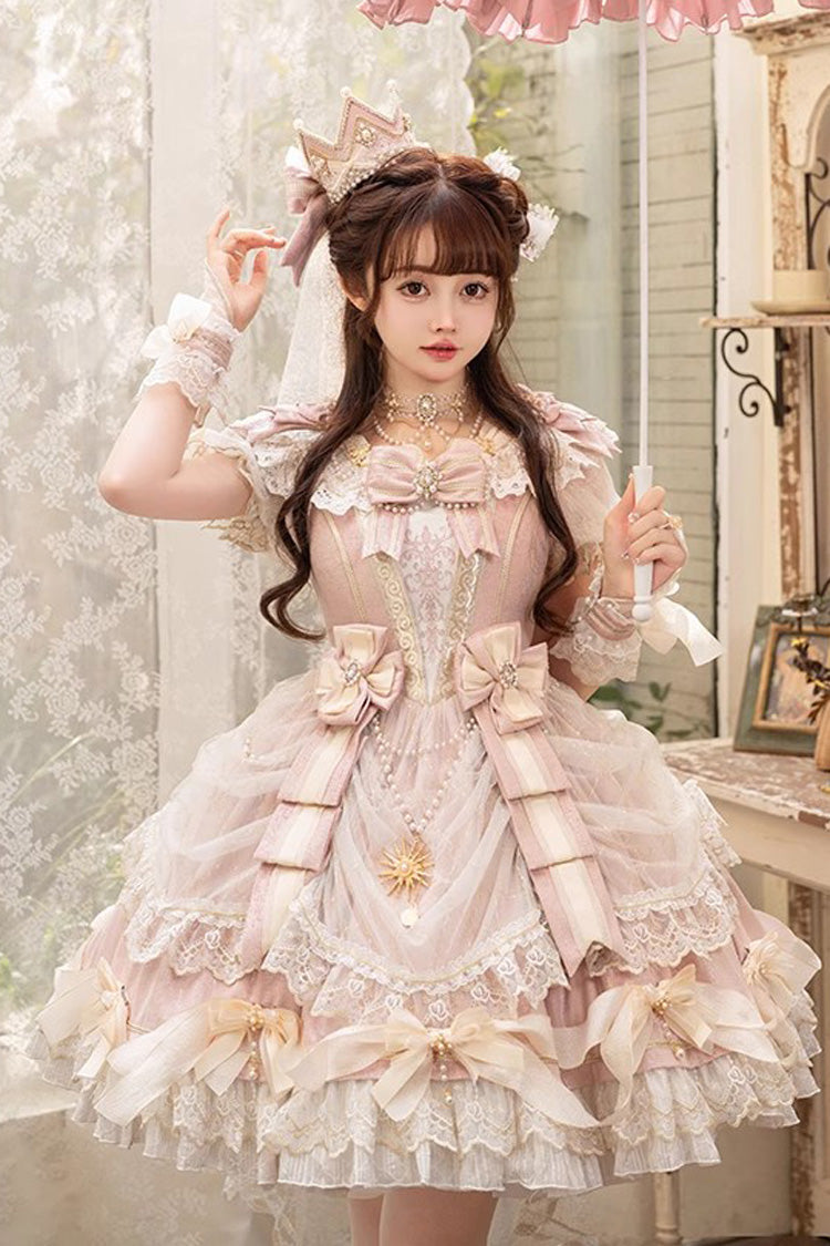 Pink [Girls' Day] Short Sleeves Multi-Layered Ruffle Bowknot Lace Sweet Lolita Dress 2 Versions