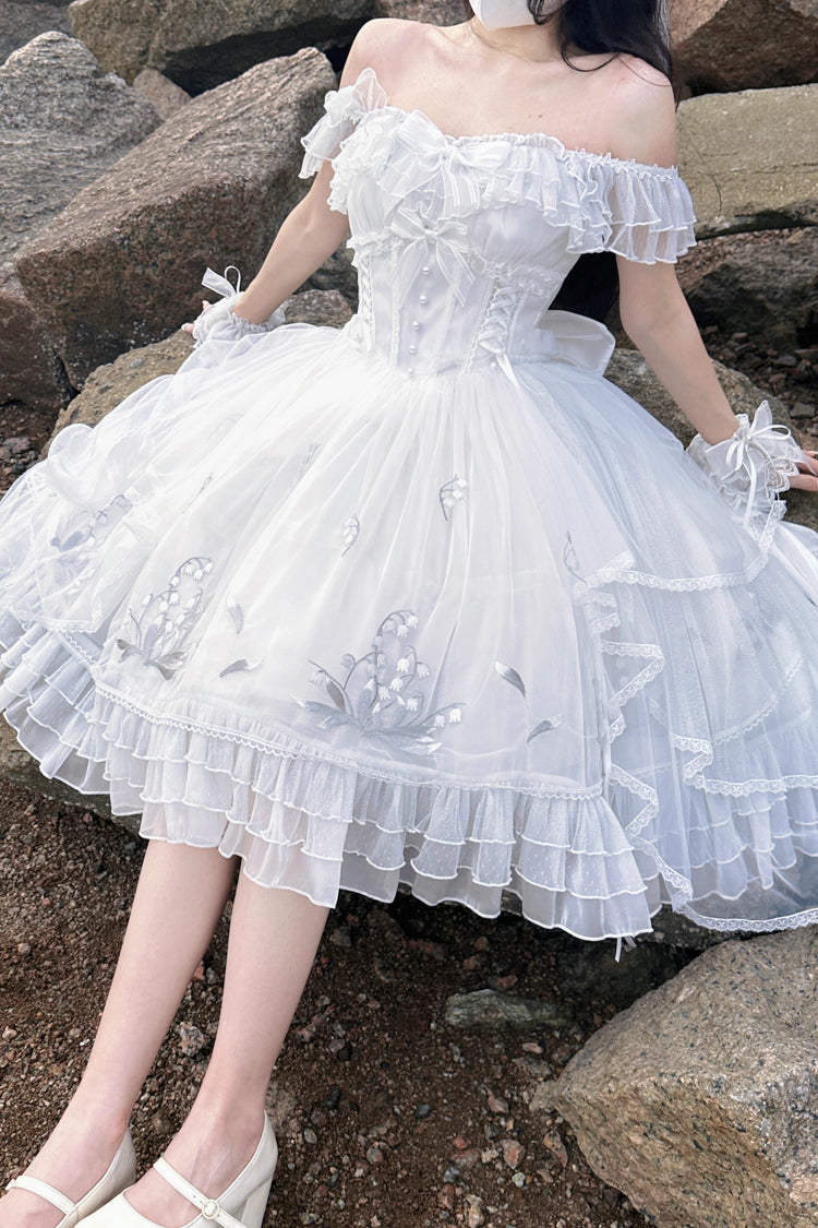 Weißes [Love Is Coming] Mehrlagiges süßes Prinzessinnen-Lolita-Jsk-Kleid mit Rüschenstickerei und Schleife