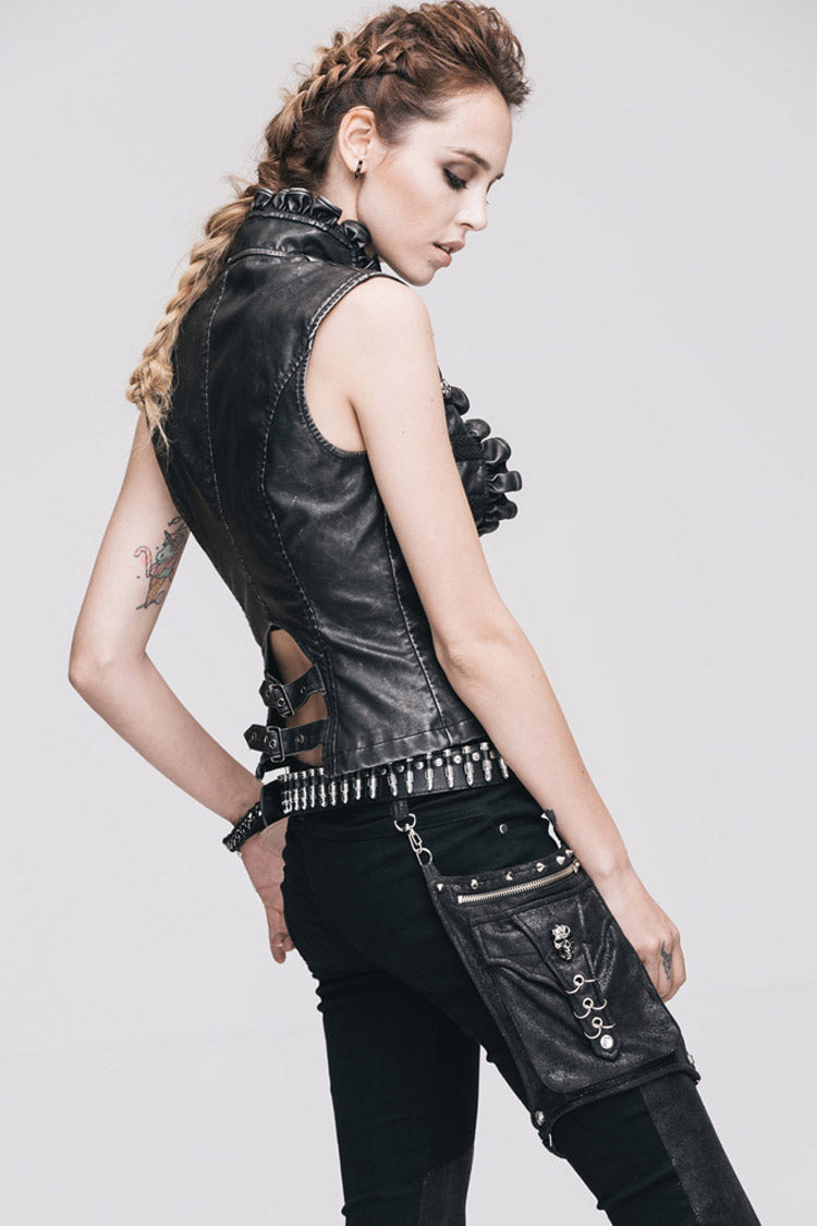 Black/Silver Big Opening Chest Wave Collar Hand Rubbed Leather Women's Punk Vest