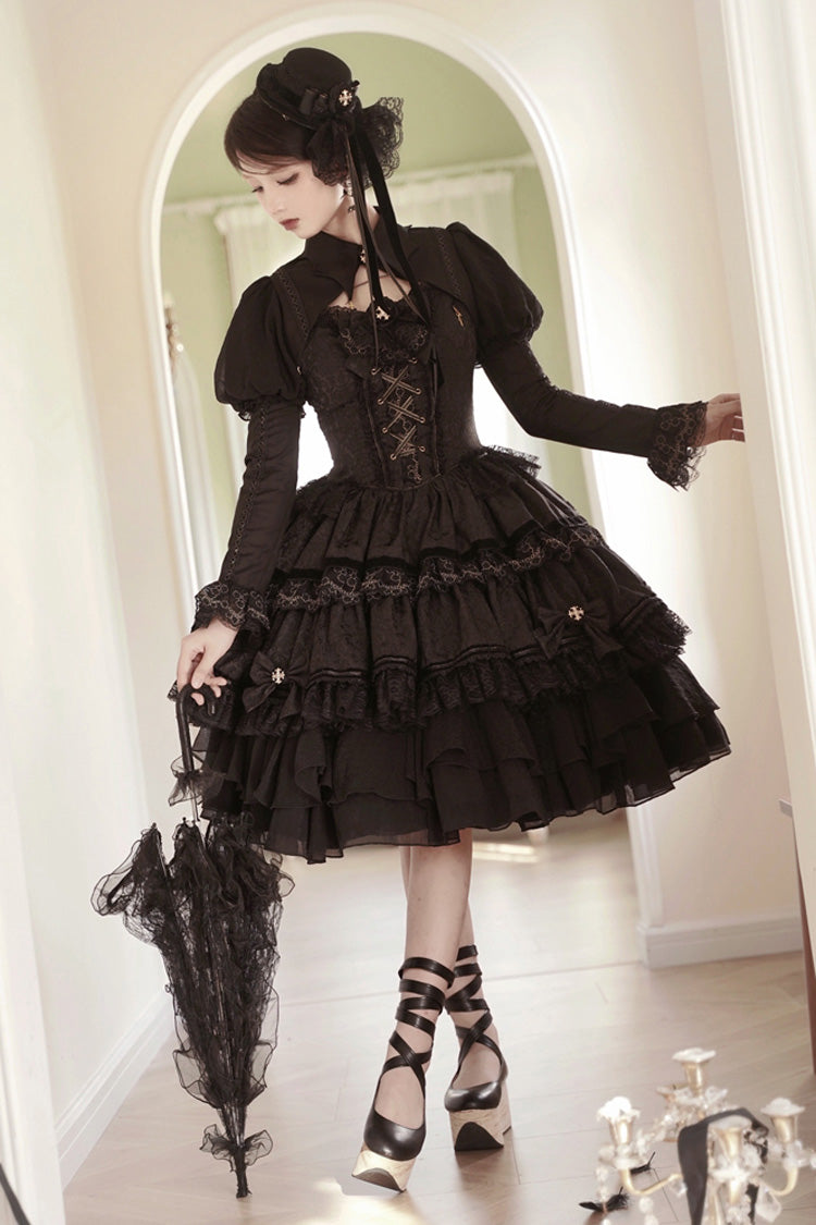 Schwarzes doppellagiges Gothic-Ballett-Lolita-JSK-Kleid mit Rüschenspitze