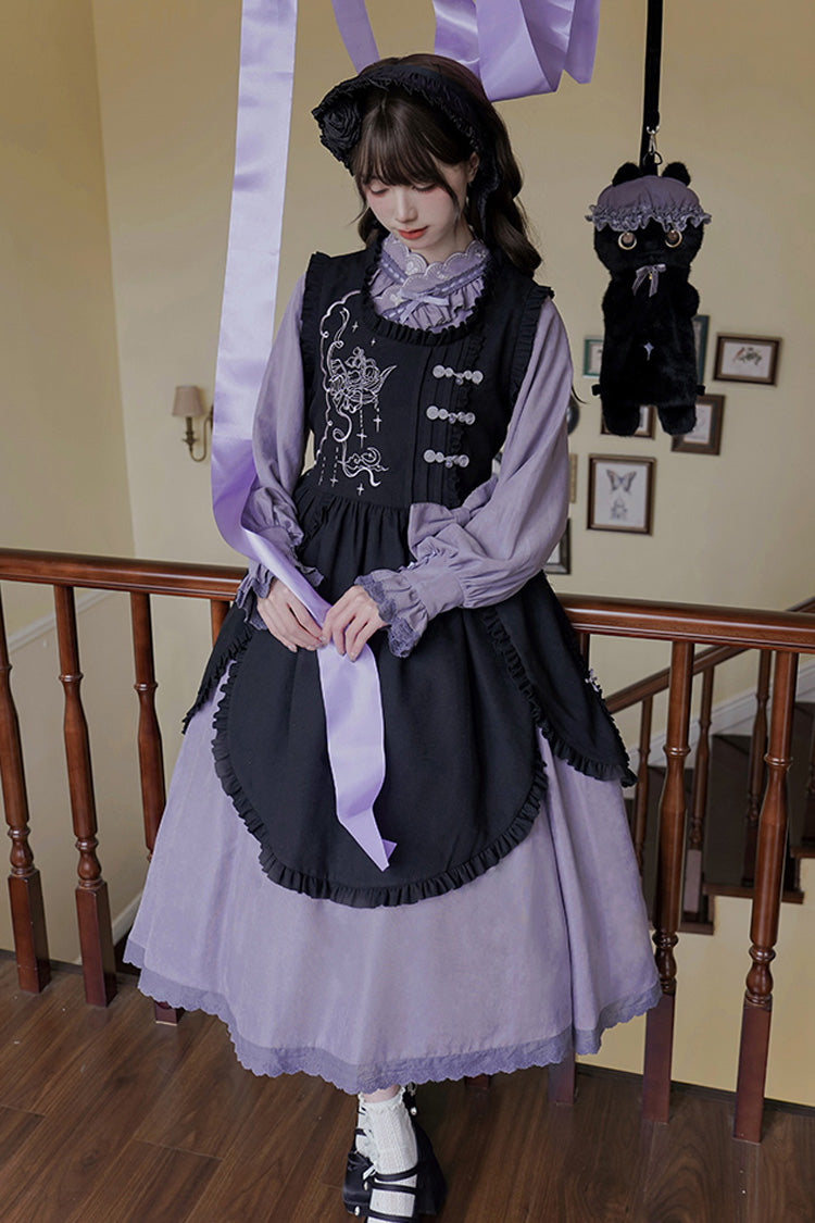 Black/Purple Petal Collar Drawstring Long Sleeves Embroidery Sweet Chinese Style Lolita Dress Two-piece Set