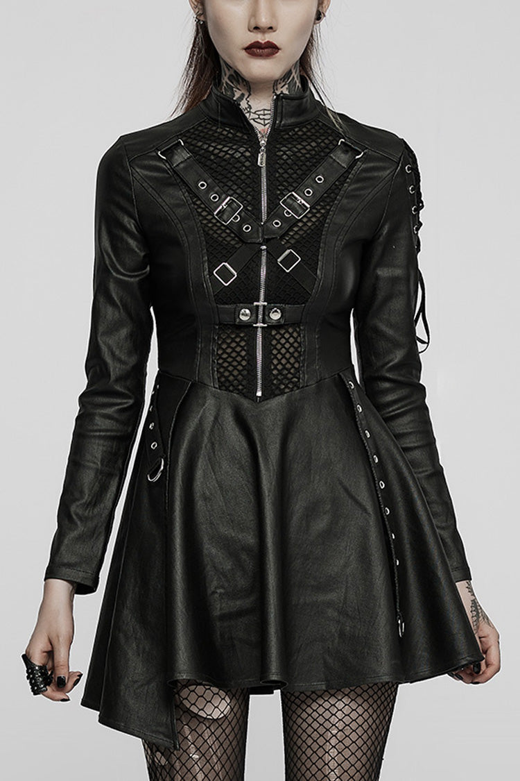 Schwarzes Steampunk-Kleid für Damen mit langen Ärmeln, schmalem Netzstoff und asymmetrischem Saum