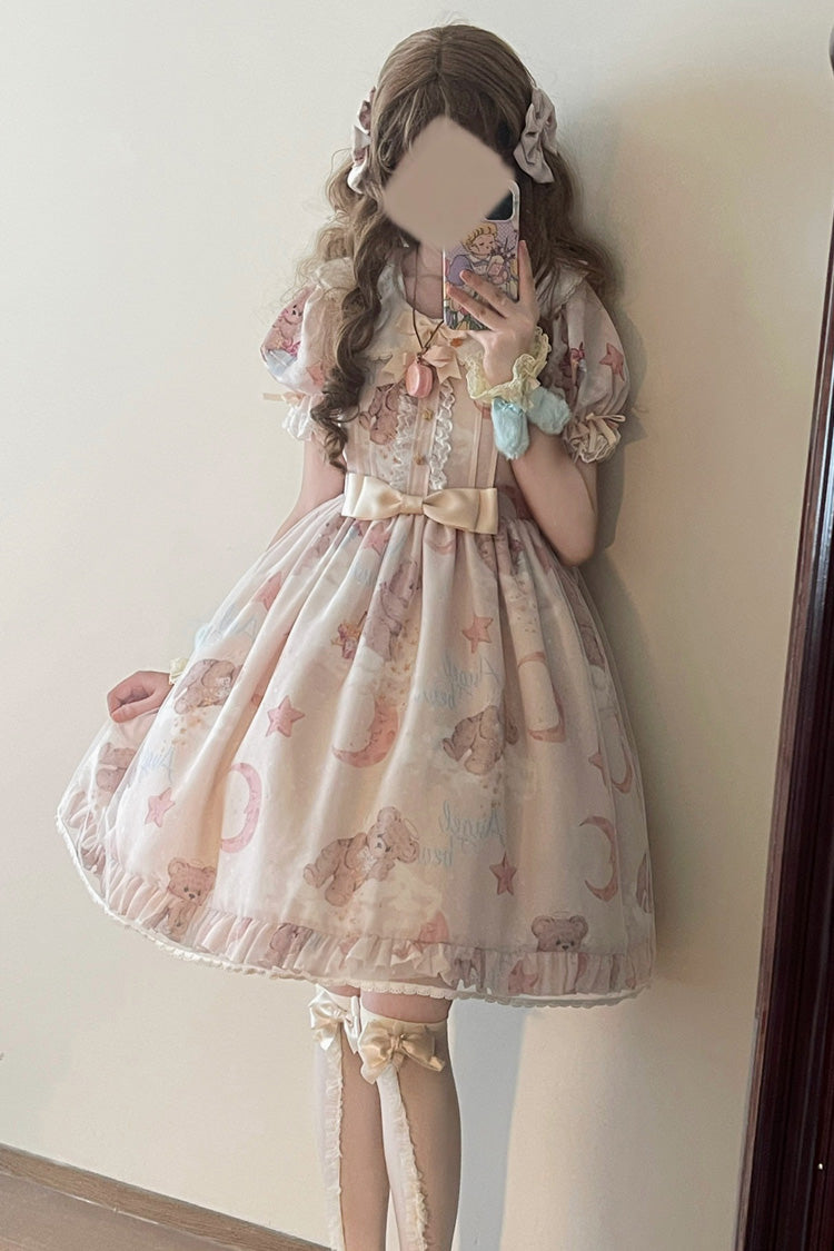 Süßes Lolita-Kleid mit Stern-Wunschbär-Aufdruck, kurzen Ärmeln und Schleife, 2 Farben