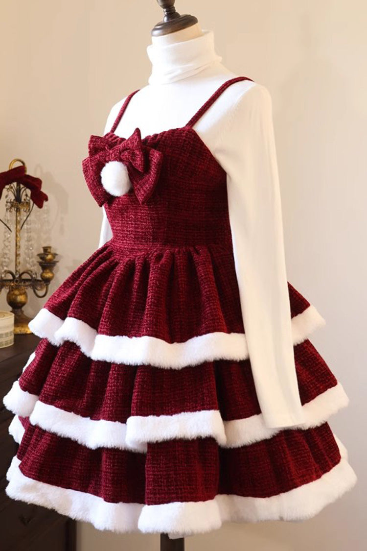 Rotes [Weihnachtslied] Süßes Lolita Jsk-Kleid mit dreilagiger Schleife