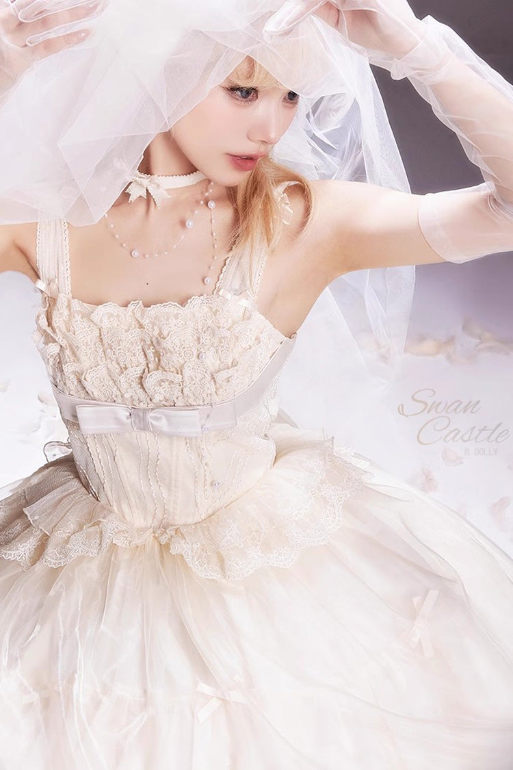 Elfenbein [Swan Castle] Rüschen Schleife Spitze Süßes Elegantes Wunderschönes Lolita Jsk Langes Kleid