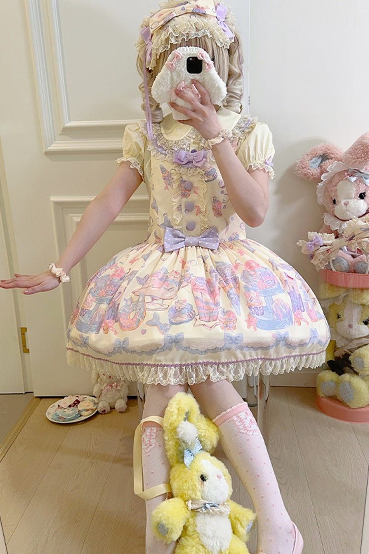 Cream Soda Mermaid Print Light Yellow Bowknot Lace Sweet Lolita Strap Dress