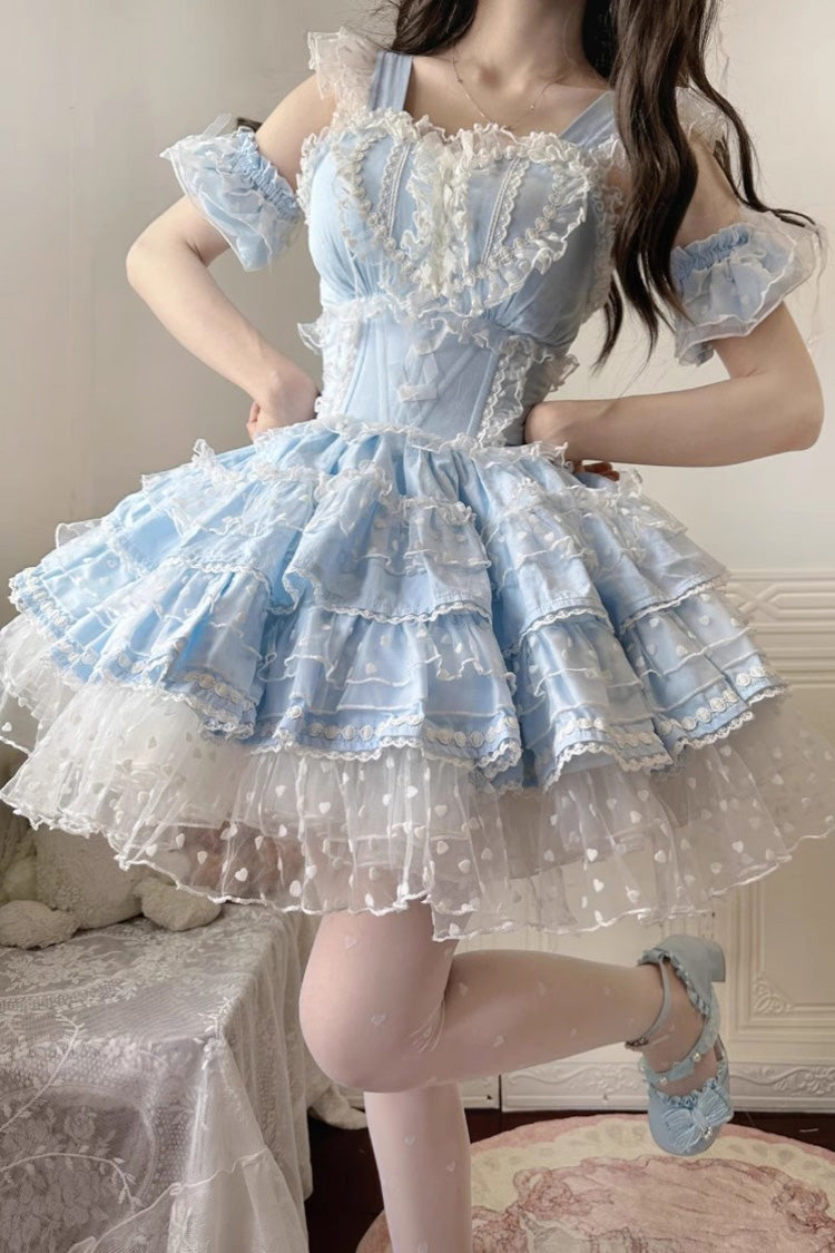 Blaues mehrlagiges Rüschen-Spitzen-Lolita-JSK-Kleid mit süßer Prinzessinnen-Optik