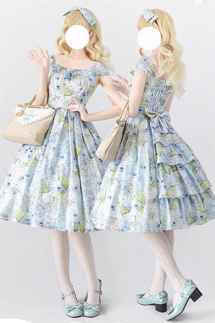 Blue [Forest Basket] Blueberry Hydrangea Print Bowknot Chiffon Sweet Elegant Lolita Jsk Dress