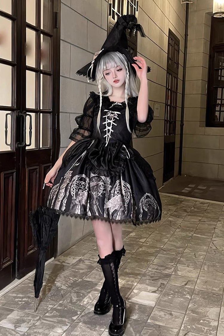 Black Eternal Night Print Ballet Lace-Up Gothic Punk Lolita Jsk Dress