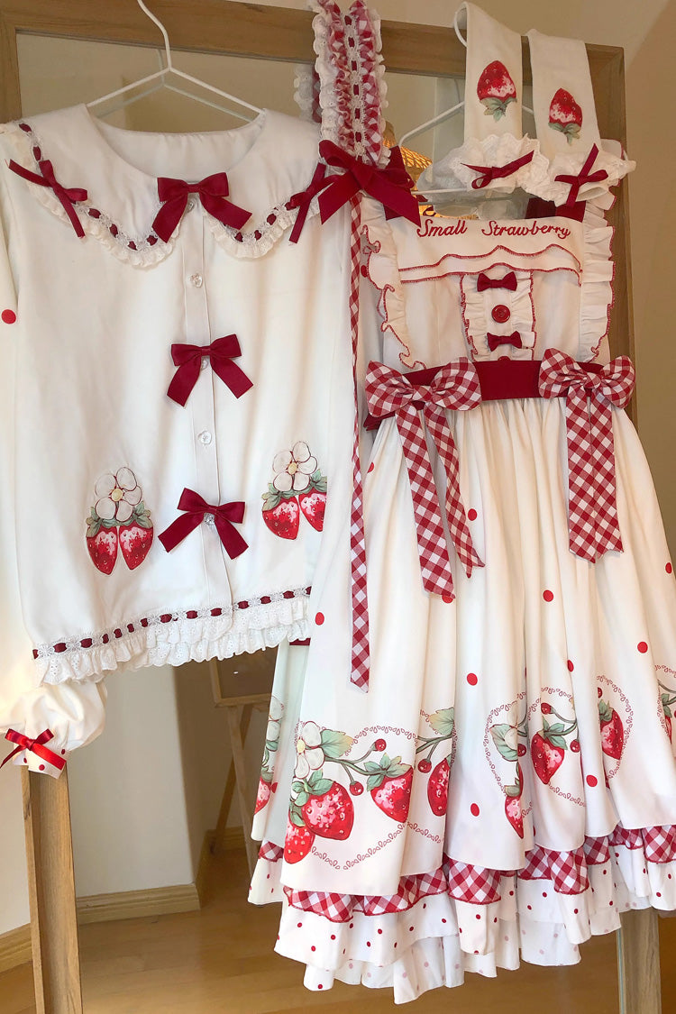 Süßes Lolita-Kleid-Set in Weiß mit Rüschen und Schleife und Erdbeer-Print