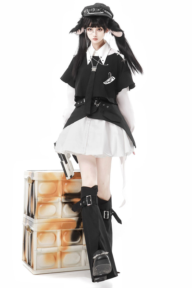 Black/White Cute Rabbit Sheriff Long Sleeves Slim Sweet Military Lolita Dress Set