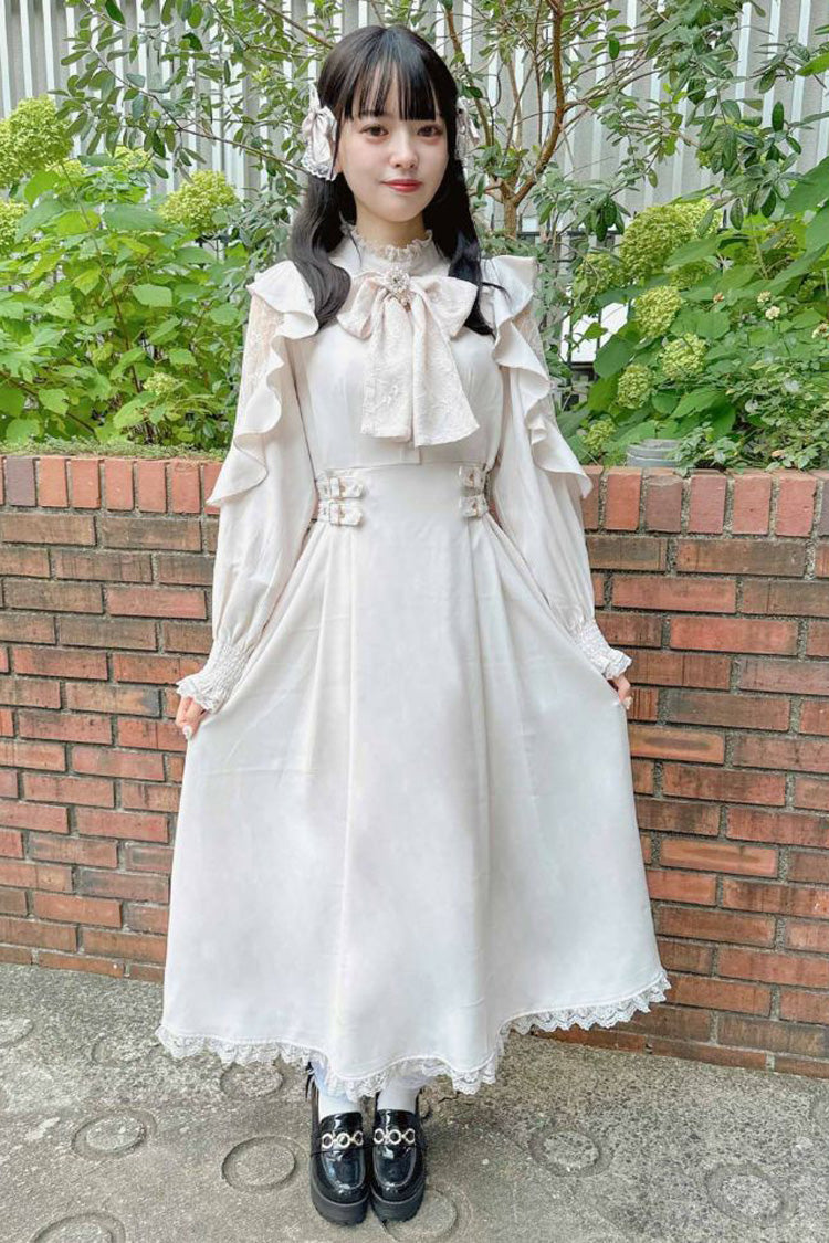 White Stand Collar Off Shoulder Long Sleeves Hollow Bowknot Slim Jirai Kei Japanese Dress