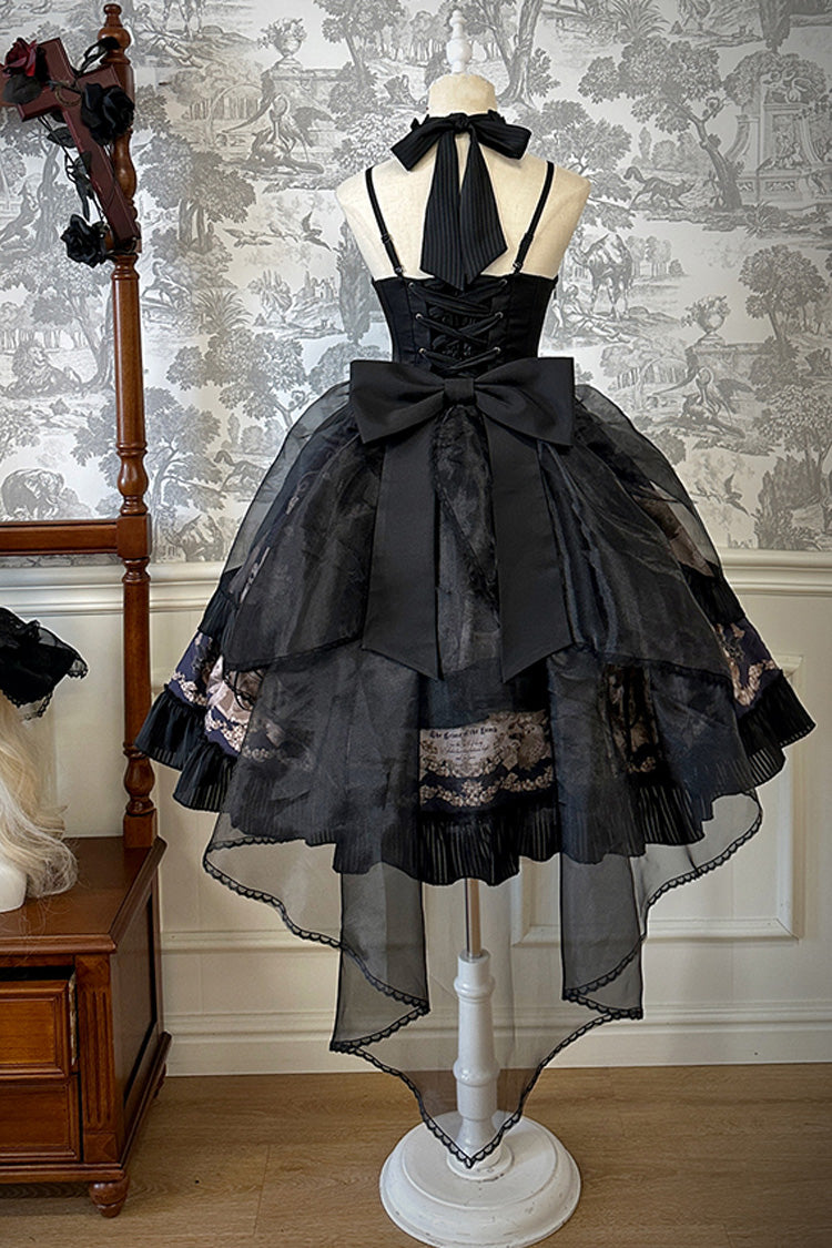 Black [The Mystery of The Doll] Halterneck Print Ruffle Bowknot Drawstring Gothic Lolita Dress