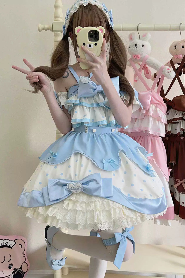 Süßes Lolita JSK-Kleid in Blau und Creme mit mehrlagigem Tupfenmuster und Rüschen