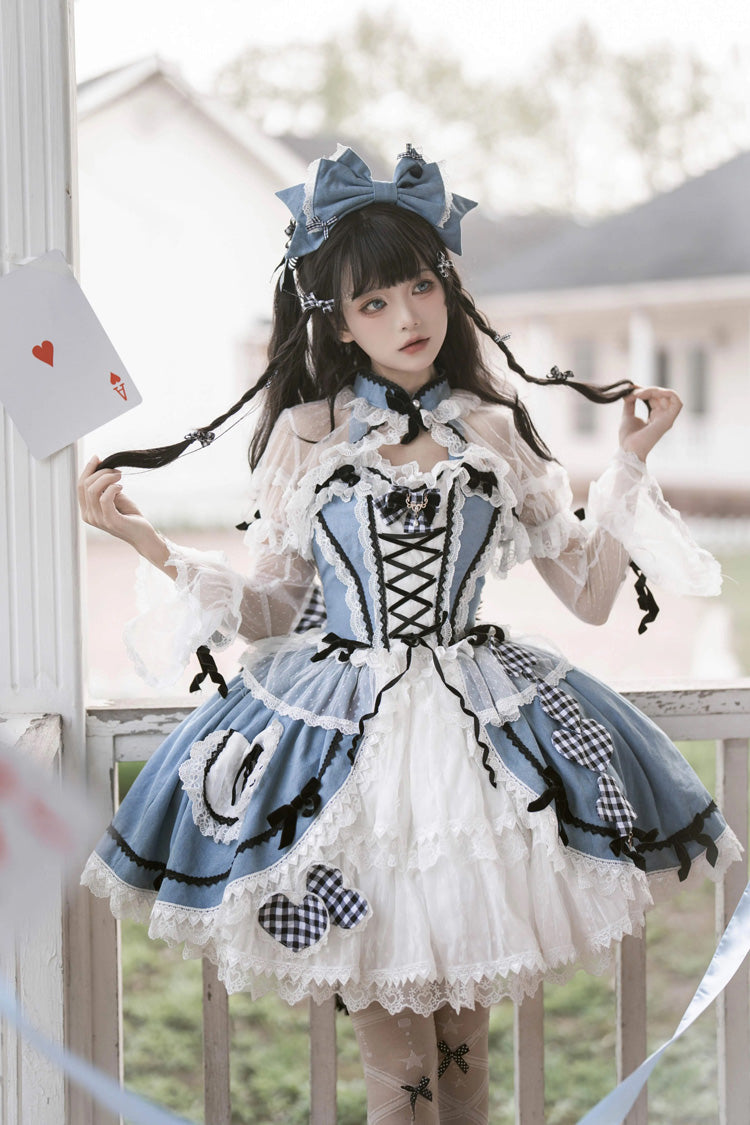 Blue Ruffle Bowknot Lace Sweet Chinese Style Elegant Princess Lolita Skirt (Includes Tops)