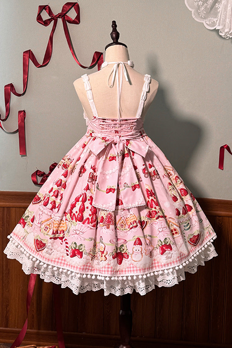 Süßes Lolita JSK-Kleid mit Rüschen und Schleife, Mint, Erdbeer-Dessert-Print, hoher Taille, 4 Farben