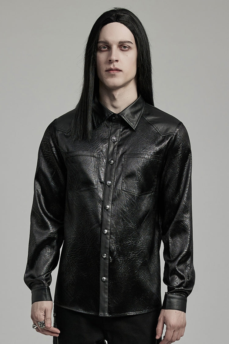 Black Lapel Collar Long Sleeves Faux Leather Men's Gothic Blouse