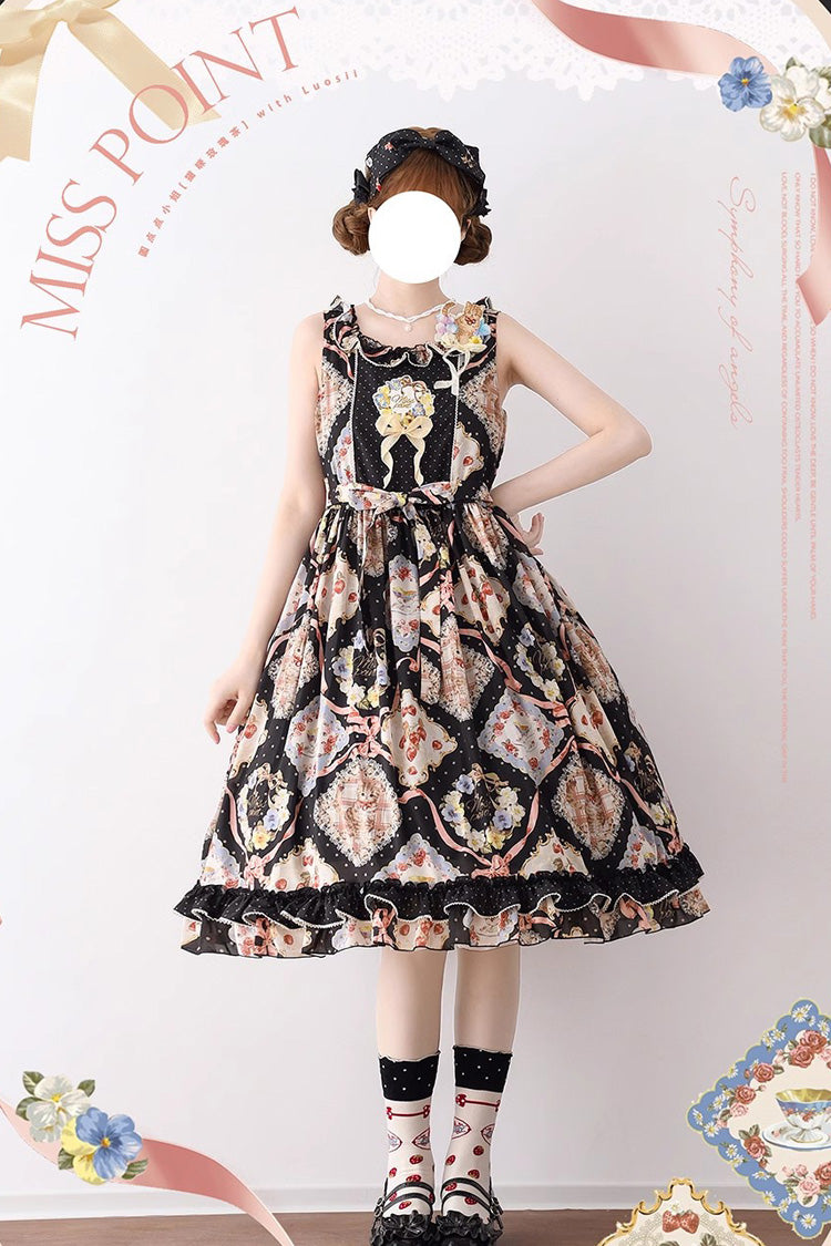 Cat Rose Tea Sleeveless Print Ruffle Bowknot Sweet Lolita Jumper Dress 3 Colors