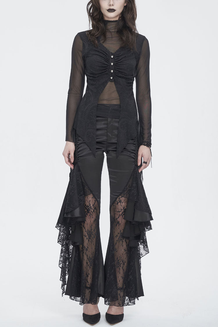 Black Jacquard Mesh Ruffled Long Sleeved Gothic Women's Shirt