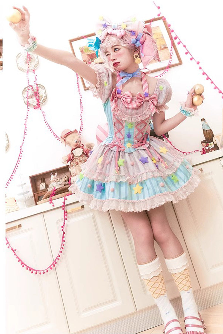 Pink [Sugar Magic] Print Ruffle Bowknot Lace Lace-Up Sweet Lolita Dress