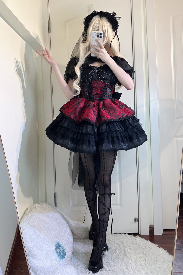 Schwarz/Rot Antiker Traum der dunklen Nacht Print Rüschen Gothic Lolita Jsk Kleid