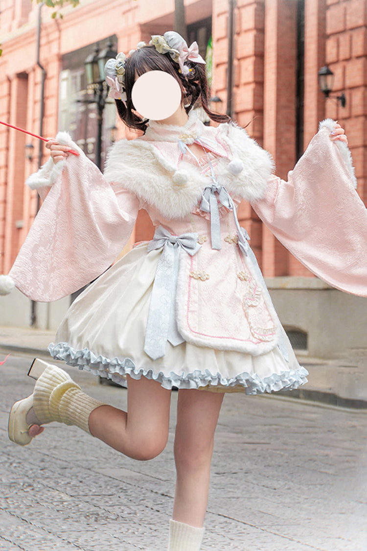 Pink Long Sleeves Ruffle Bowknot Sweet Chinese Style Lolita Dress