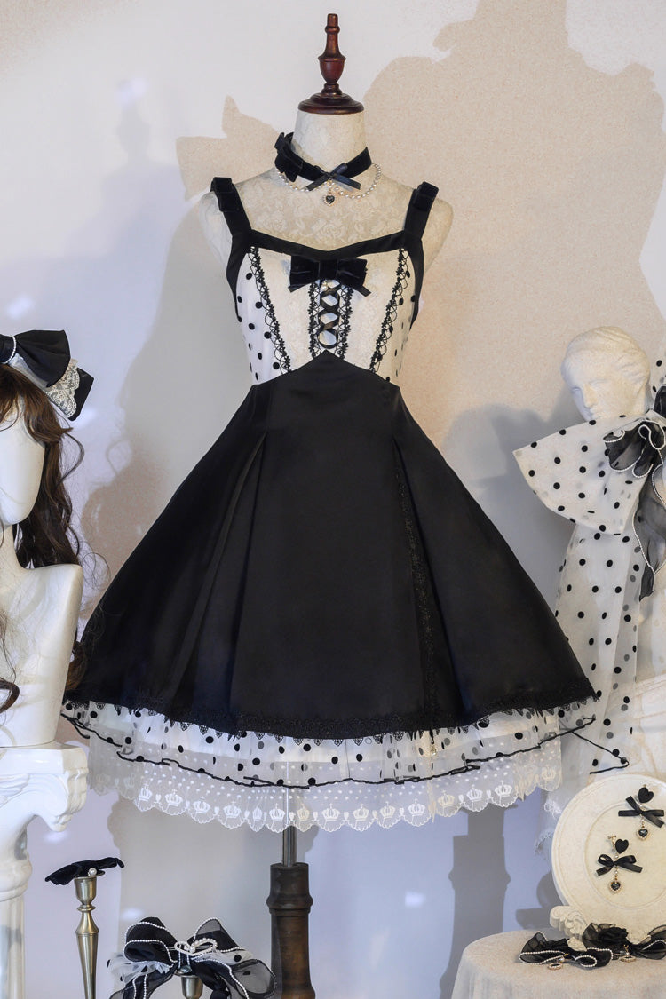 Black [Polka Waltz] Sleeveless Print Bowknot Stitching Lace Gothic Lolita Jsk Dress