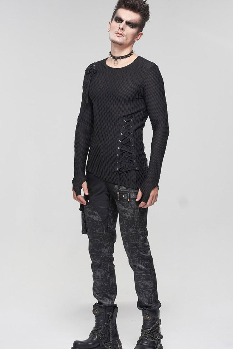 Black Gothic Asymmetry Drawstring Decoration Coarse Net Men's Shirt