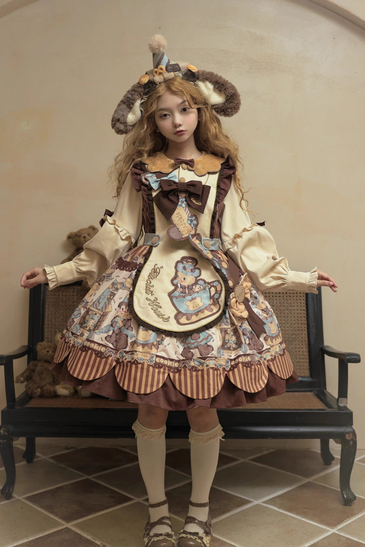 [Bear Cookies] Print Long Sleeves Ruffle Bowknot Sweet Lolita OP Dress 2 Colors