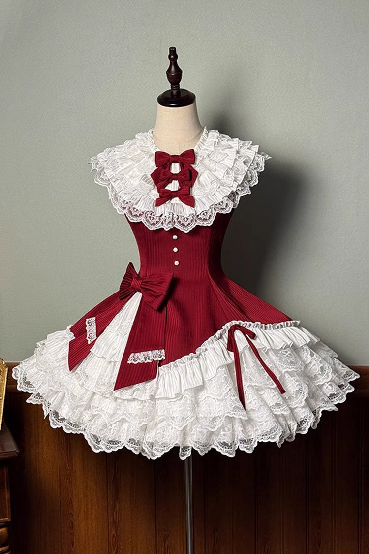 Red [Miss Tsundere] Sleeveless Multi-Layered Ruffle Bowknot Lace Asymmetric Sweet Princess Lolita Dress