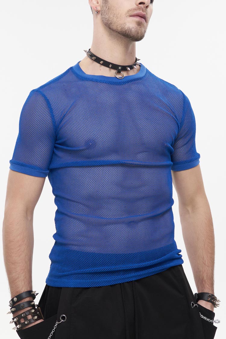 Blue Crew Neck Diamond-Shaped Net Short Sleeve Men's Gothic T-Shirt