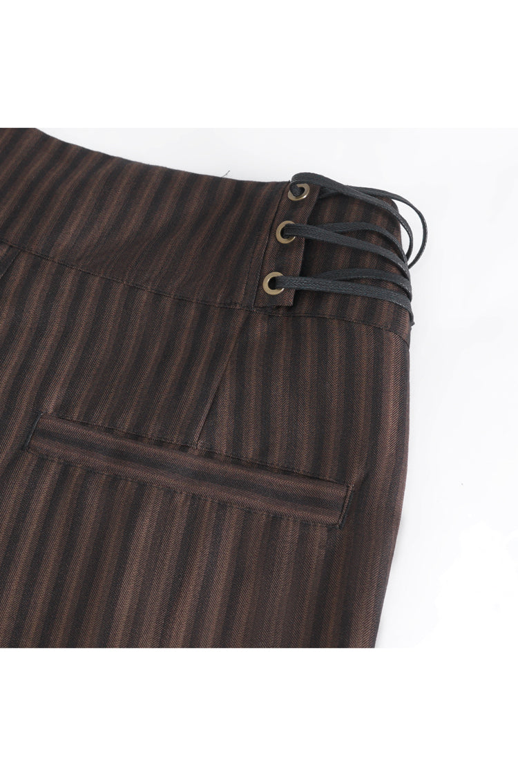 Brown High Waisted Lace-Up Striped Men's Gothic Pants