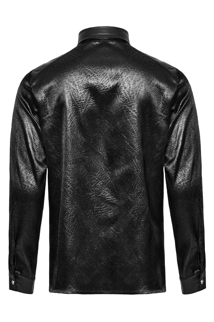 Black Lapel Collar Long Sleeves Faux Leather Men's Gothic Blouse