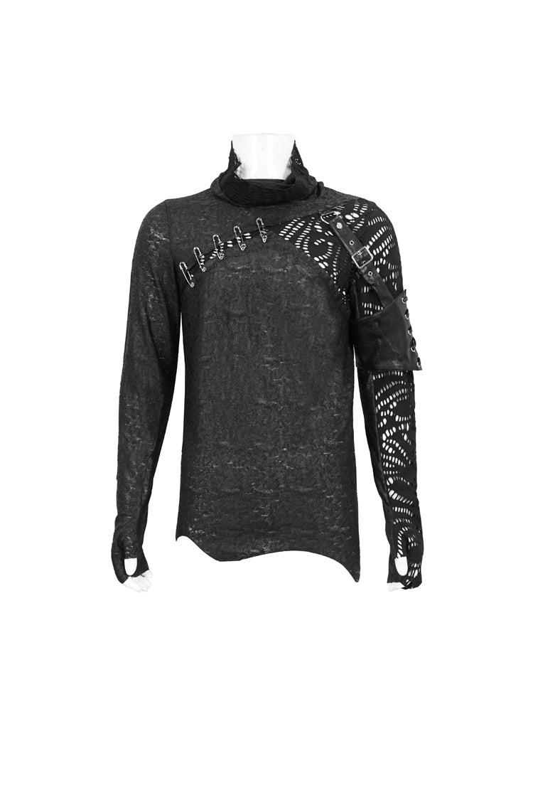 Black Fashion Printed Fabric Stitching Ripped Mesh Detachable Long Sleeve Men's Punk T-Shirt