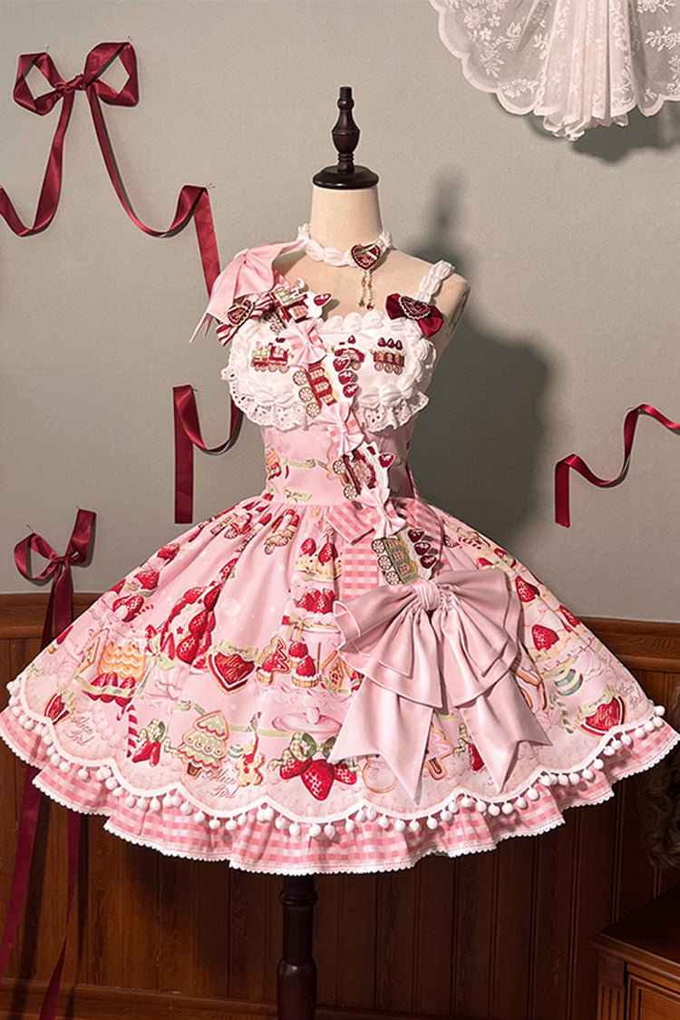 Mint Erdbeer Dessert Print Natürlich taillierte Rüschen Schleife Süßes Lolita JSK Kleid 4 Farben