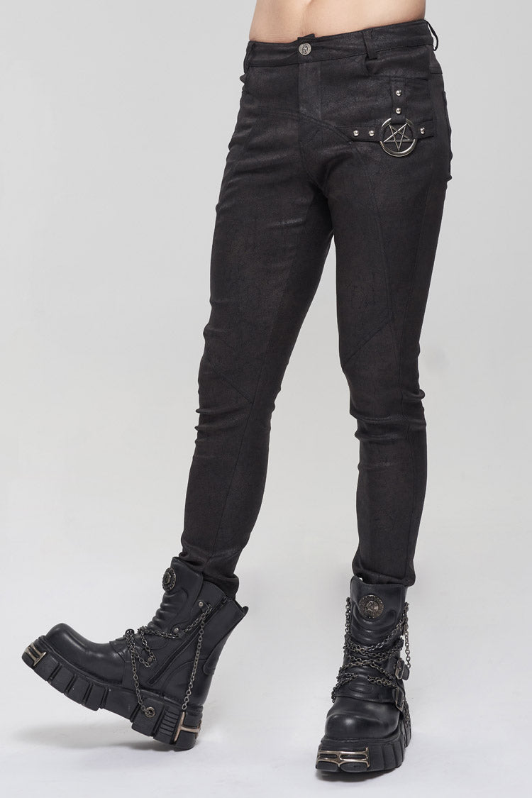 Black Basic Funds Metal Pentagram Crackle Punk Slim Men's Pants