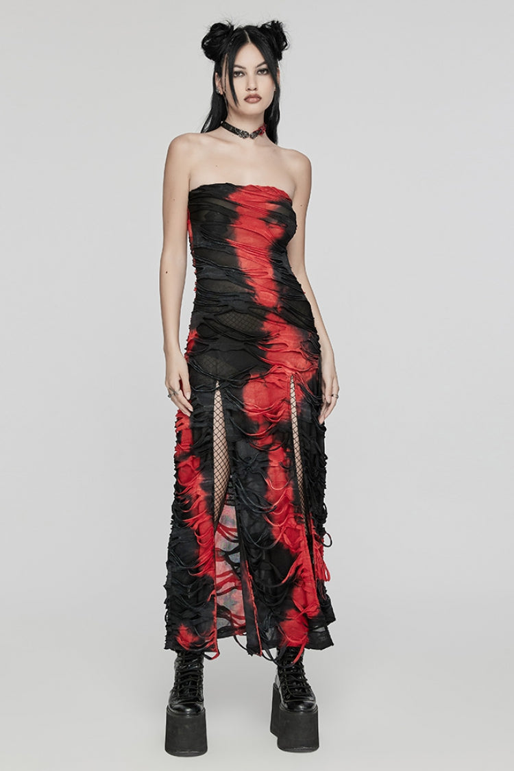 Black/Red Contrast Color Print Ripped Women's Gothic Dress