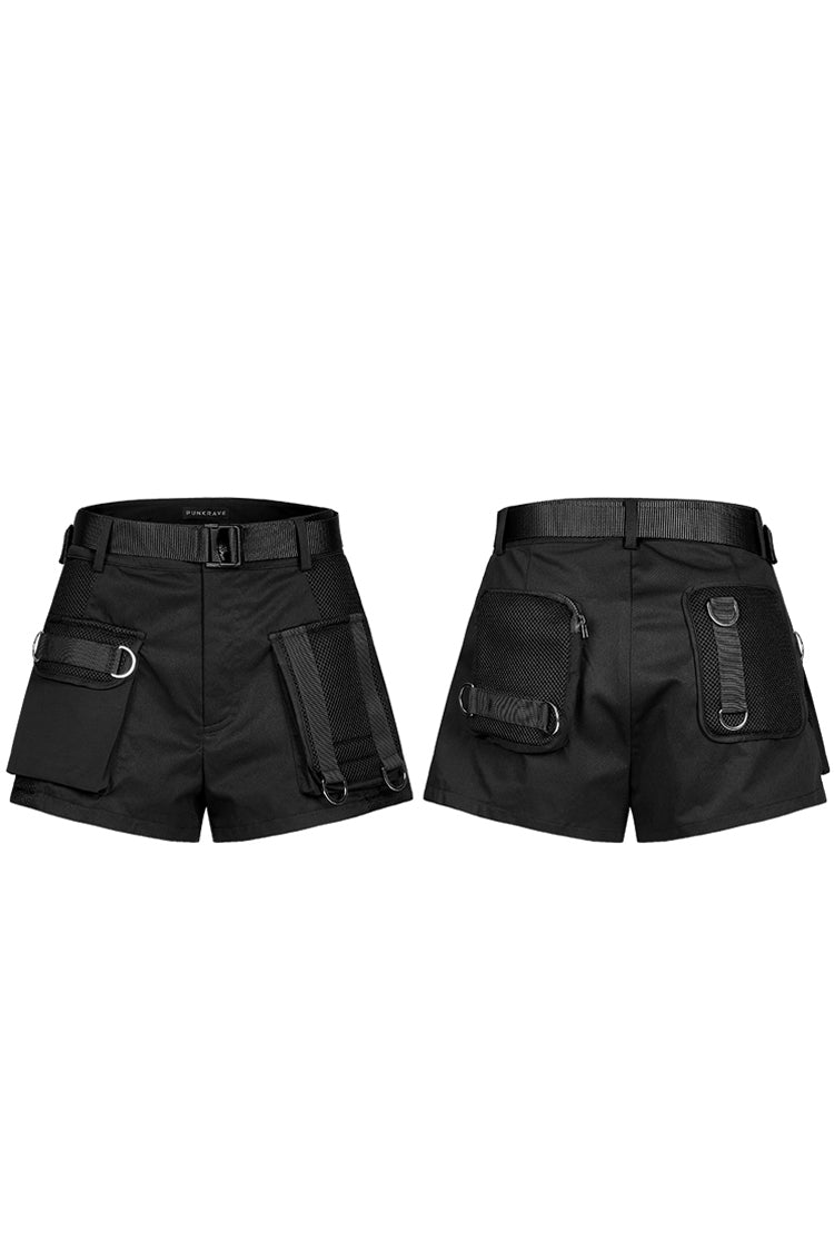 Schwarzer Verschlussgürtel, mehrstufige Taschenbanddekoration, hohe Taille, Punk-Shorts für Damen