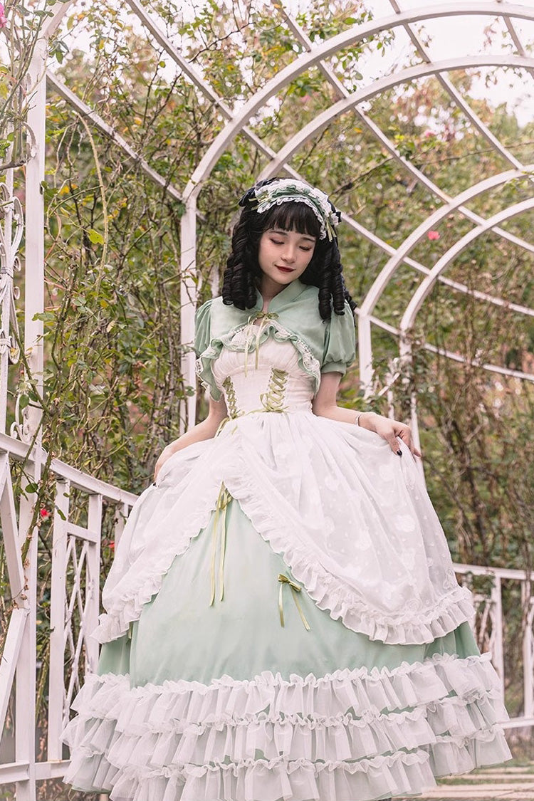 Grünes, mehrlagiges Hanayome-Spitzenkleid mit Rüschen und Schnürung in Übergröße, süßes Lolita-JSK-Kleid (lange Version)