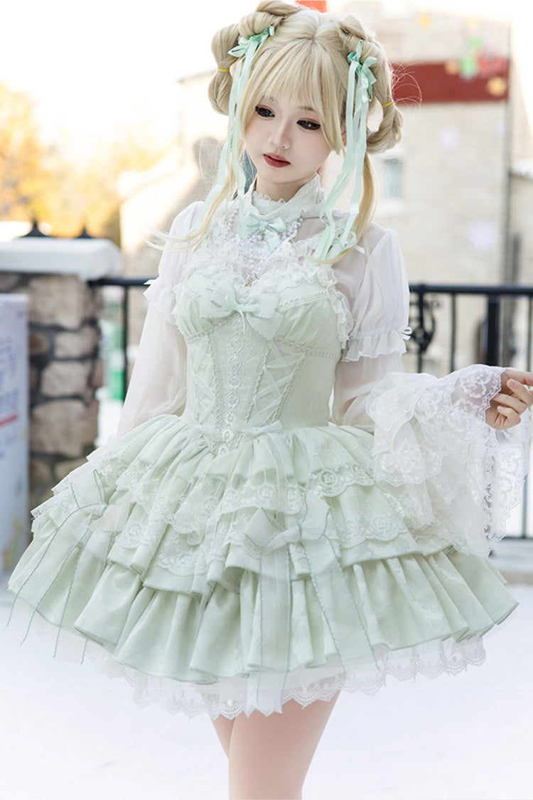 Light Green Halterneck Double-Layered Jacquard Ruffle Bowknot Lace Sweet Ballet Lolita Jsk Dress