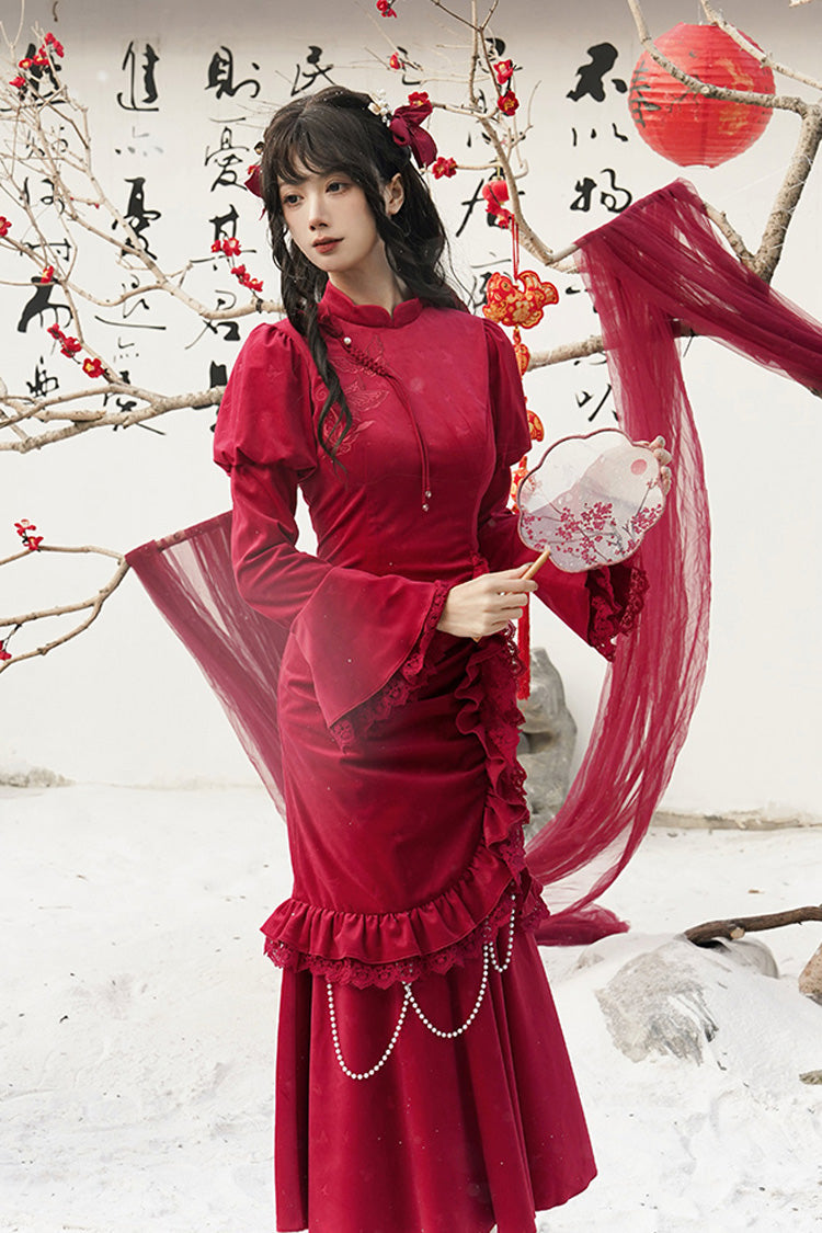 Rotes, langärmliges, gerüschtes, besticktes Schleifenkleid mit Spitze im klassischen chinesischen Stil, elegantes Lolita-Kleid