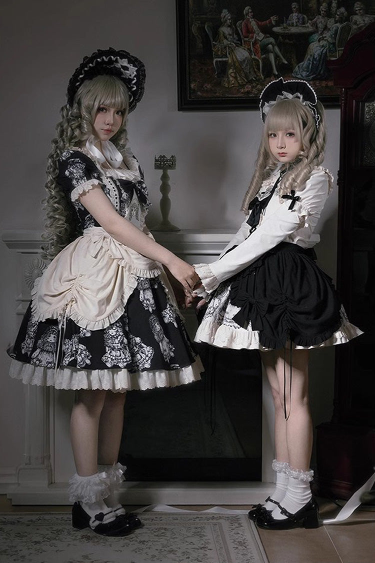 Doll Night Short Sleeves Print Ruffle Embroidery Bowknot Gothic Lolita Dress 2 Colors