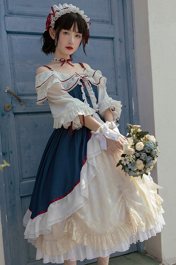 Blue/White Long Sleeves Cardigan Bowknot Sweet Lolita Dress