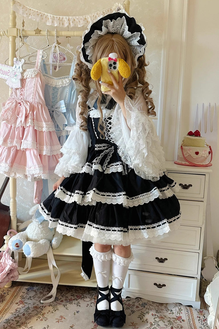 Black [Maiden Heart] Triple-Layered Ruffle Bowknot Lace Sweet Lolita Jsk Dress